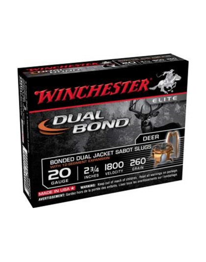 Winchester 20 Gauge Dual Bond Ammunition SSDB20 2-3/4" 260 Grain Jacketed Hollow Point Slug 1800fps 5 rounds Winchester 20 Gauge Dual Bond Ammunition SSDB20 2-3/4" 260 Grain Jacketed Hollow Point Slug 1800fps 5 rounds